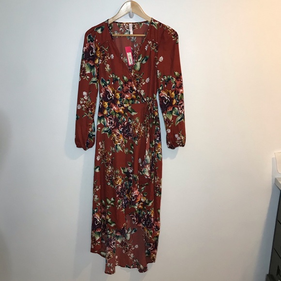 NEW Xhilaration Long Sleeve Floral Dress Rust XS - Picture 3 of 7